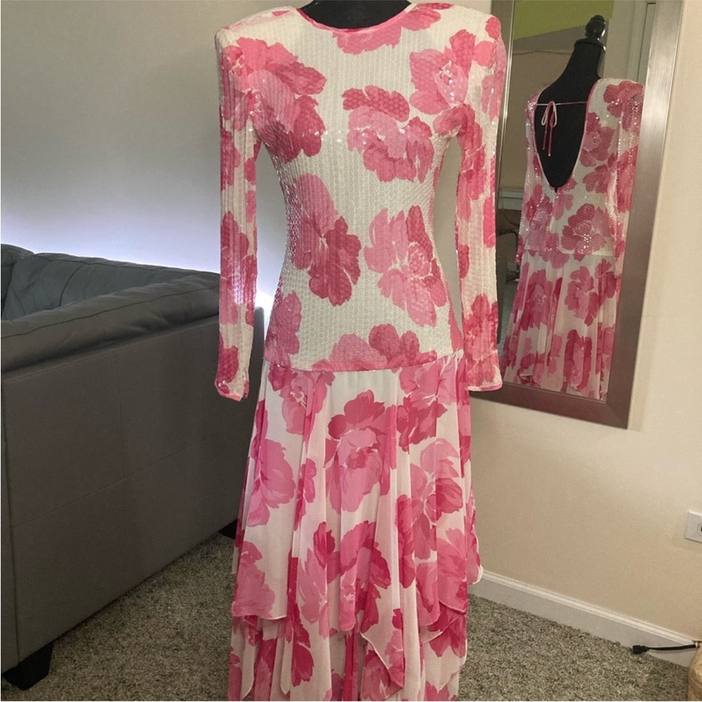 A.J. Bari 1980s Pink and White Sequin Floral Long Sleeve Dress, 4